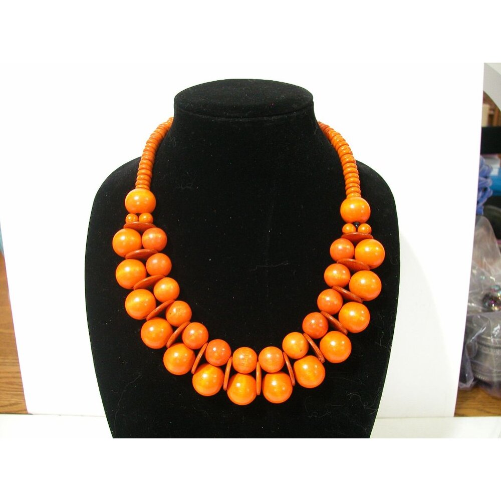 Vintage Chunky Orange Beaded Double-Strand Necklace With Wooden Discs For Women